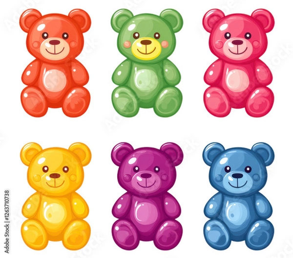 Fototapeta Colorful gummy bears in various flavors and colors on a transparent background Concept of childhood, sweets, and confectionery