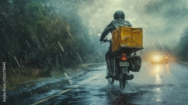 Fototapeta A dramatic image of a motorbike courier braving heavy rain on a wet road, showcasing resilience and focus amidst challenging conditions. AI generated.