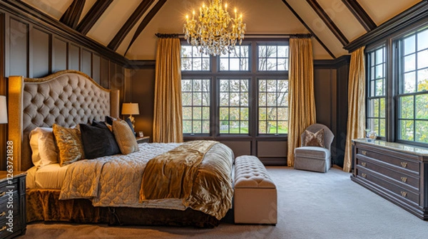 Fototapeta OAK PARK, IL, USA - NOVEMBER 14, 2020: A grand luxury bedroom highlighted by a dazzling gold chandelier hanging from vaulted ceilings, a plush king-size bed, and soft carpet flooring throughout