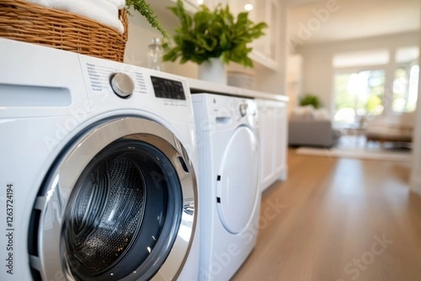 Fototapeta A stylish view of modern washing machines in a bright and airy laundry room, showcasing a fusion of functionality and contemporary design for everyday living.