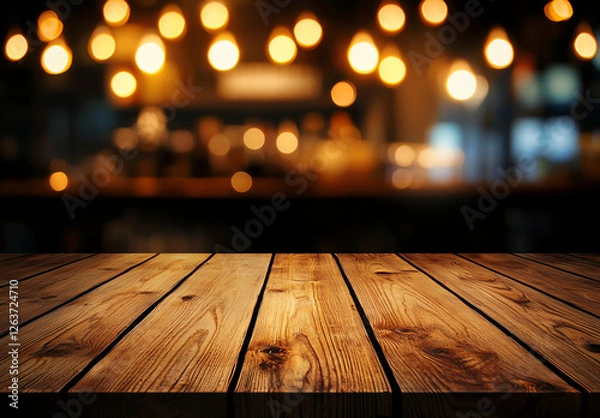 Fototapeta Wooden table top with blurred background of warm lights, creating cozy atmosphere perfect for gatherings or dining experiences