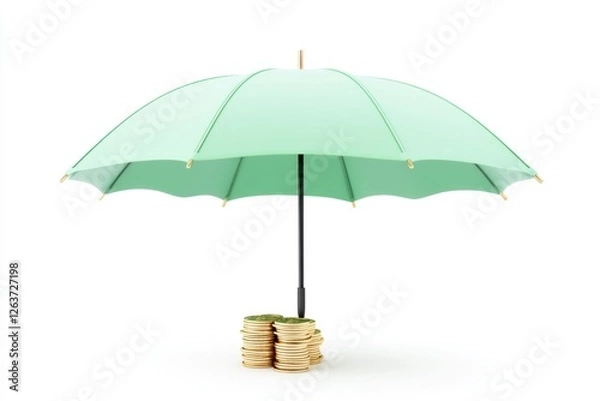 Obraz A light green open umbrella protects stacks of coins, symbolizing savings and financial security in a minimalist setting