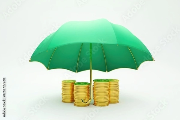 Fototapeta Stacks of gold coins are shielded by a light green umbrella, symbolizing financial security and protection from economic risks