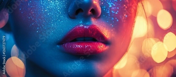 Fototapeta Close-up of a woman's lips adorned with glitter, set against a vibrant, colorful bokeh background