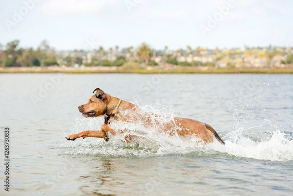 Fototapeta Handsome brown and black American Pit Bull Terrier dog running and playing fetch with tennis ball at the beach splashing in water on a hot summer day