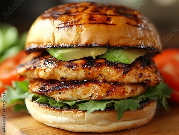 Fototapeta Delicious Stacked Grilled Chicken Burger With Fresh Toppings, Served on a Toasted Bun for a Satisfying Dining Experience