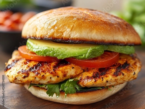 Fototapeta Freshly Grilled Chicken Sandwich With Avocado and Tomato Served on a Toasted Bun in a Rustic Setting