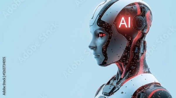 Fototapeta Artificial intelligence robot showing ai lettering glowing on head