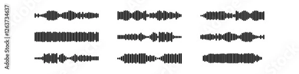 Fototapeta Podcast sound waves and audio soundwave of voice message records  and mobile phone voice message sound waves vector icons