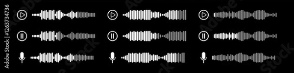 Fototapeta Podcast sound waves and audio soundwave of voice message records  and mobile phone voice message sound waves vector icons