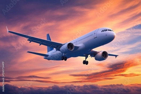 Fototapeta Airplane flying through colorful sunset skies over a scenic landscape with vibrant clouds. Generative AI