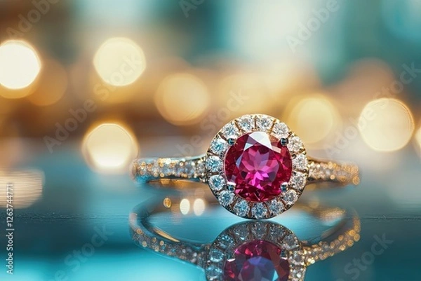 Fototapeta A high - end advertisement - style shot of a ruby ring with a blurred luxury boutique background