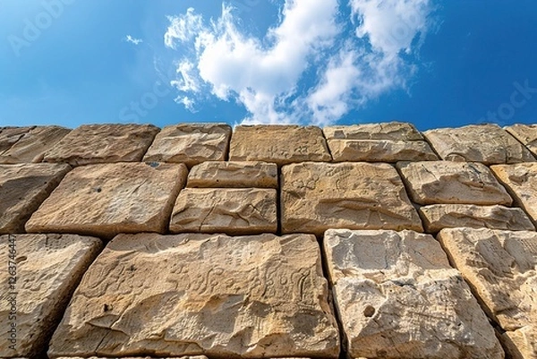 Fototapeta A close-up view of a stone wall under a bright blue sky with fluffy clouds.