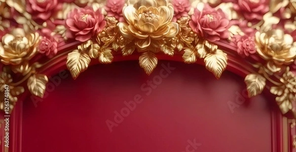 Fototapeta Red and gold floral arch frame with copy space.