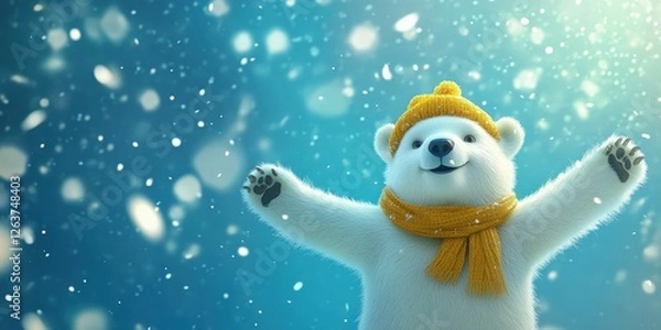 Fototapeta A majestic white polar bear, wearing a bright yellow scarf and hat, stands proudly with arms wide open. Its head tilts gracefully as it surveys an ethereal backdrop
