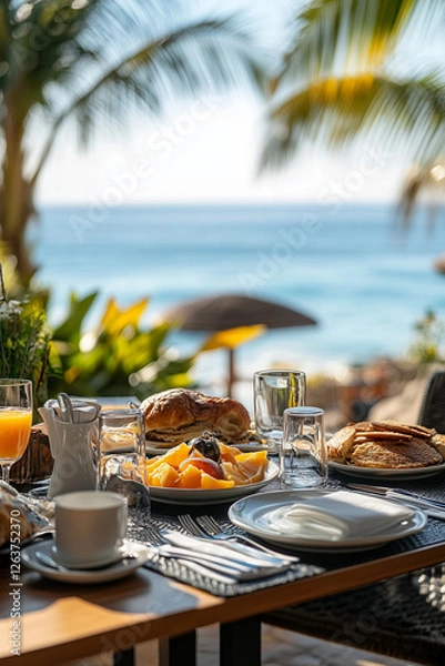 Fototapeta Delicious breakfast at the exotic hotel resort near the pool. Snacks on a backdrop of lush tropical gardens and azure sea.