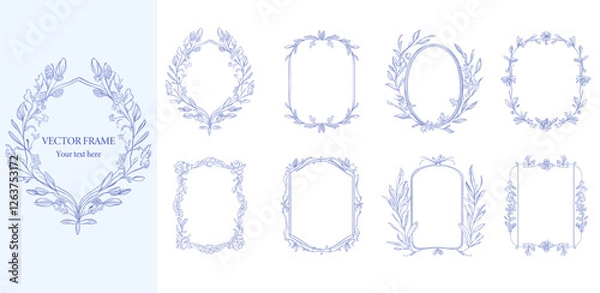 Fototapeta Floral Frame set . Blue color botanical vector illustration. Flower wreath of decorative art.