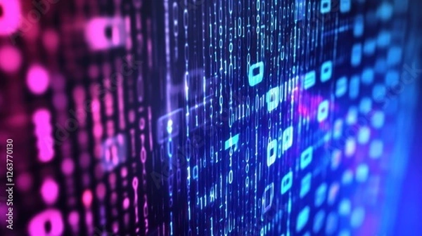 Fototapeta Abstract Digital Data Stream: Binary Code and Security Symbols in Neon Blue and Pink