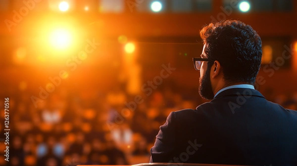 Fototapeta Indian man in suit speaking to audience at university lecture, warm lighting creates engaging atmosphere