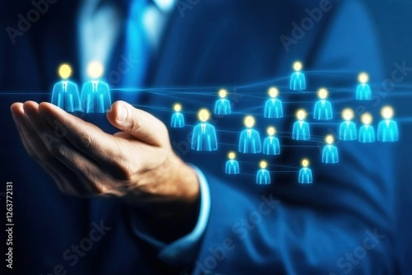 Fototapeta Businessman Hand Holding Digital Representation of Team Members with Blue and Yellow Silhouettes on a Futuristic Background