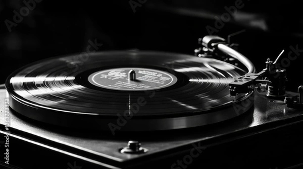 Fototapeta Vintage vinyl record spinning on a turntable in a music studio setting during the evening