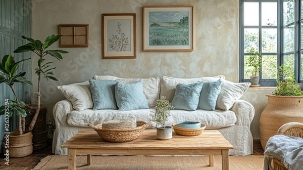 Fototapeta A cozy living room showcases a mix of pastel-colored furniture, soft textiles, and rustic decor, offering a warm and inviting space for relaxation during the day.