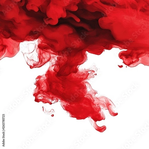 Fototapeta A vibrant red ink cloud swirls gracefully against a white background, creating a striking visual effect.
