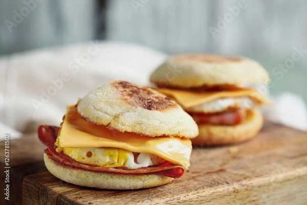 Fototapeta Close up of egg, ham and cheese breakfast sandwich on toasted English muffins.  Selective focus with blurred background.
