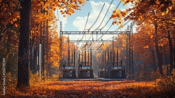 Fototapeta Autumnal Tranquility: Power Substation nestled in a vibrant fall forest.
