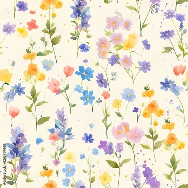 Fototapeta Seamless pattern of watercolor painting of colorful wildflowers for a serene garden scene