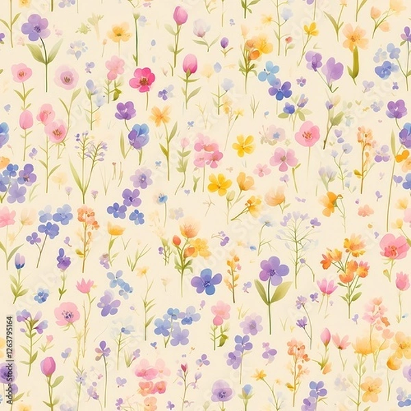 Fototapeta Seamless pattern of watercolor painting of colorful wildflowers for a serene garden scene