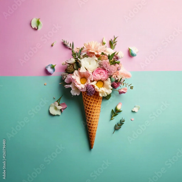 Fototapeta Flower bouquet in ice-cream cone concept