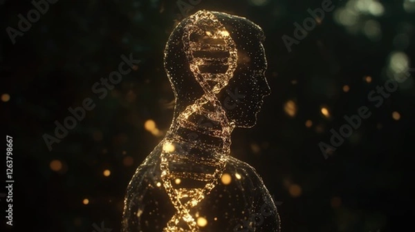 Fototapeta Golden DNA Strand Within a Human Form, Glowing in the Dark