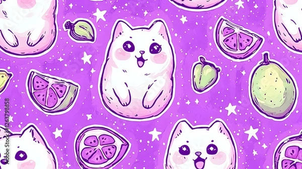 Fototapeta Adorable chubby cats and citrus fruits pattern on purple space background; perfect for kids' apparel, home decor, or packaging