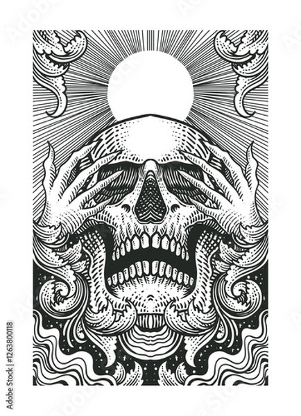 Fototapeta Intricate vector illustration of a skull with hands covering its eyes, surrounded by swirling smoke, engraving ornament and radiant sunburst lines