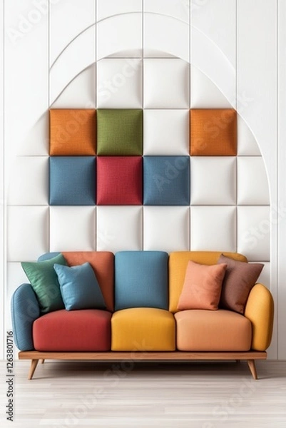 Fototapeta Colorful couch with decorative pillows in a modern living room setting and a photo on the wall