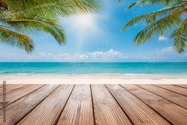 Fototapeta Wooden floor or plank on sand with palm coconut, blurred summer beach and sky background. Royalty high-quality free best stock of empty wooden planks for product display, beautiful nature tranquil