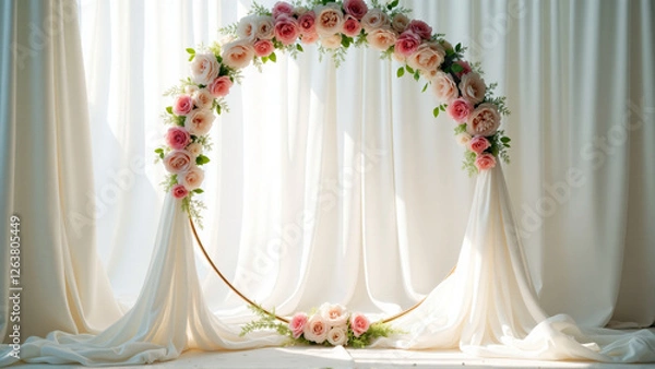 Fototapeta Photography background for maternity or wedding with elegant floral ring border and soft semi transparent fabric