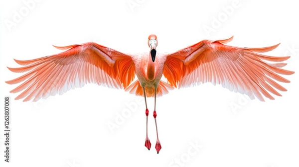 Fototapeta Flying flamingo with spread wings, view from downside, isolated on a white background.