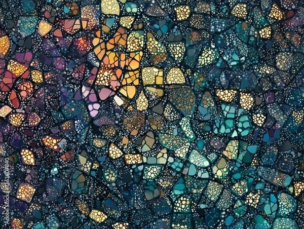 Fototapeta A seamless pattern of intricate abstract mosaic tiles in vibrant jewel tones, radiating an exotic charm, perfectly balanced for textile or wallpaper design