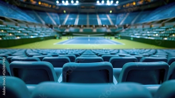 Fototapeta A wide view of an empty tennis stadium ready for a match, showcasing rows of blue seats and a central court under bright lights. Empty Stadium, Silent Stands