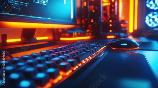Fototapeta RGB-lit Gaming Setup: Immersive Keyboard and Mouse in Neon Hues
