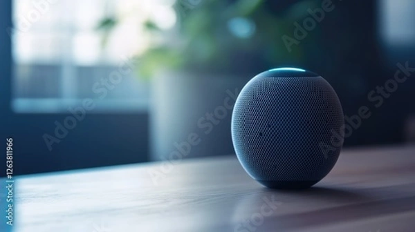 Fototapeta Smart Speaker on Wooden Table, Modern Home Tech