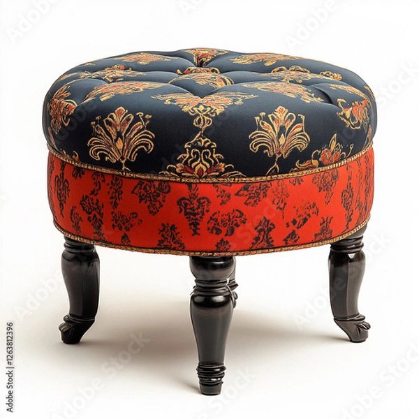 Fototapeta Round Ottoman with Damask Upholstery and Turned Legs