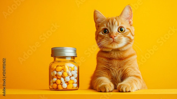 Obraz Ginger Cat and Pill Bottle on Yellow Background