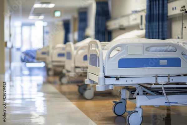 Obraz hospital corridor with empty patient beds, bright lighting, and a clean, sterile environment