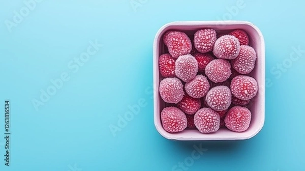 Obraz A minimalist macro view of opened white box containing perfectly frozen strawberries, detailed frost particles, clean aesthetic