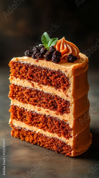 Fototapeta Four-Layer Chocolate Cake Slice with Buttercream Frosting and Berries