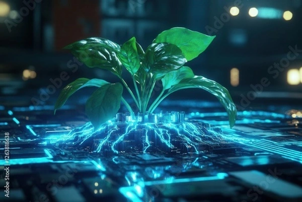 Fototapeta Tech-Infused Plant Growing from a Computer Circuit Board for Futuristic Innovation Campaigns