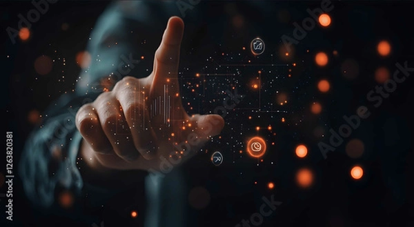 Fototapeta Businessman touching a virtual screen with icons of technology tablexson a transparent background This business concept represents online marketing ecommerce or